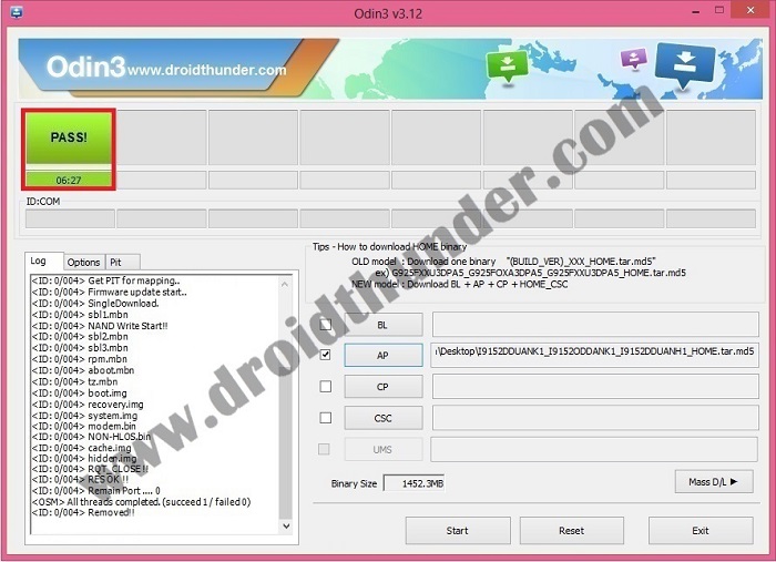 Samsung Galaxy Mega 5.8 GT-I9152 Android 4.2.2 Jelly Bean firmware Odin Flashing Complete Pass message
