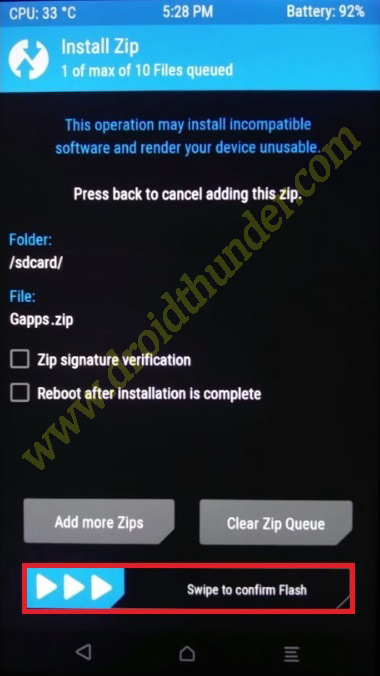 Install GApps using TWRP recovery swipe to flash google apps package screenshot 3