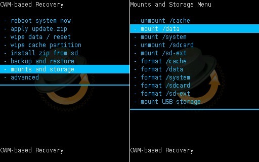 Install Android 7.0 Nougat ROM on Galaxy Y GT-S5360 CWM recovery mount and storage data screenshot