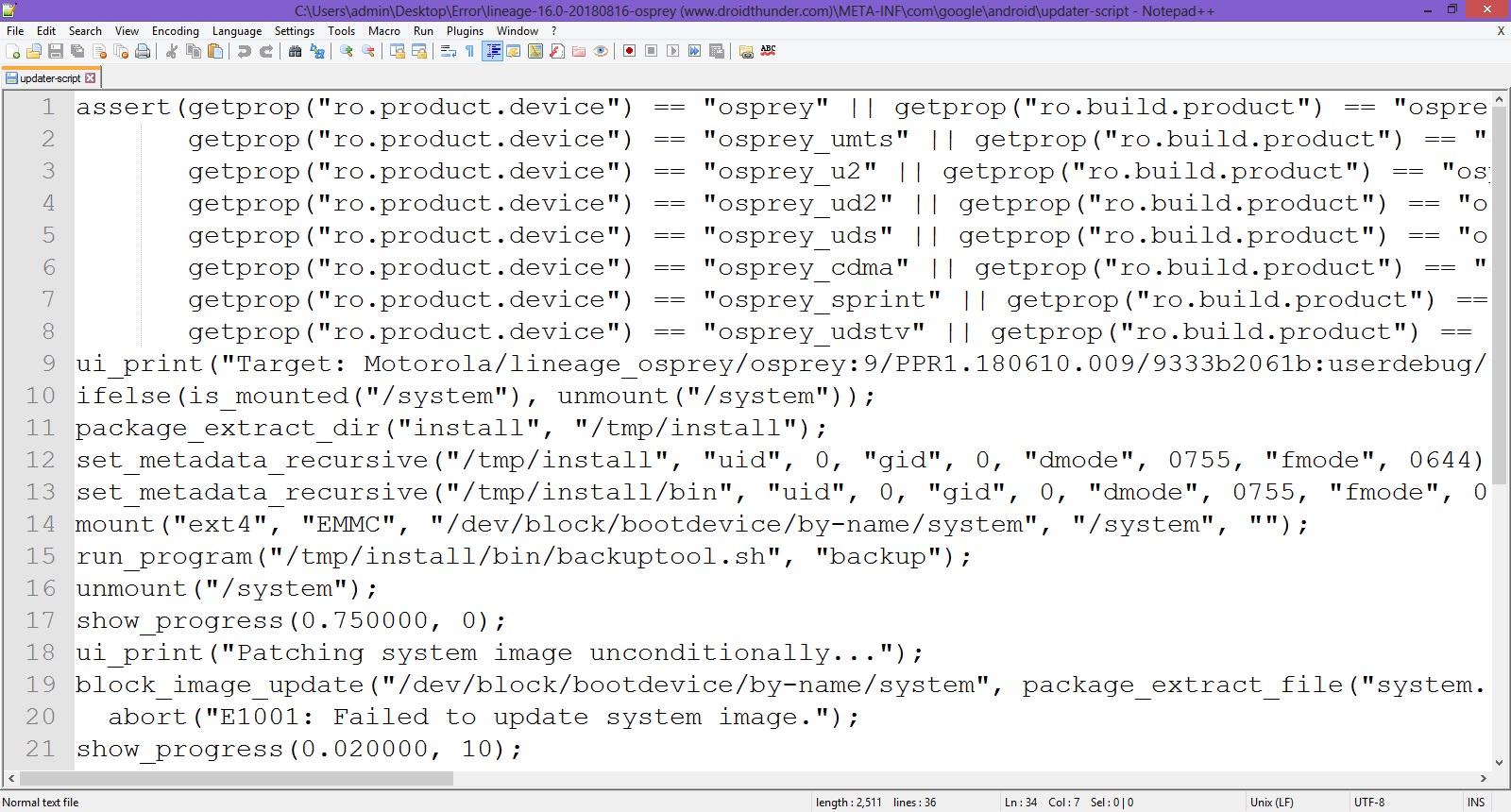 Error Executing Updater Binary In Zip extracted ROM files edit updater script file screenshot