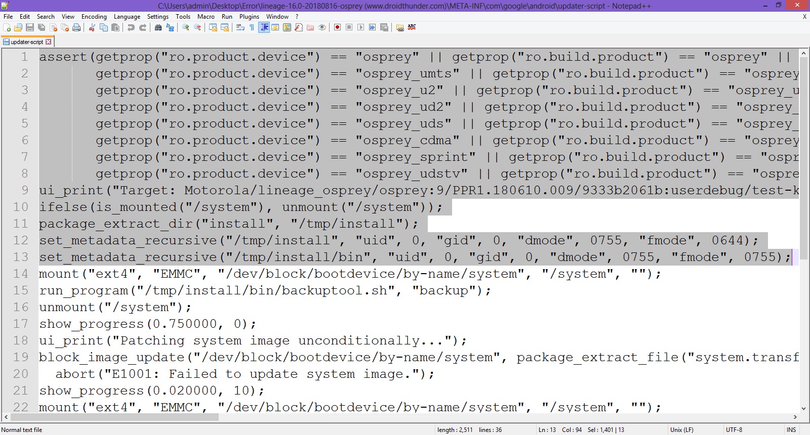 Error Executing Updater Binary In Zip extracted ROM files edit updater script file select assert line screenshot