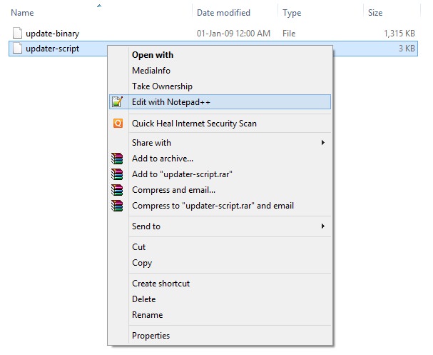 Error Executing Updater Binary In Zip extracted ROM files edit updater script screenshot