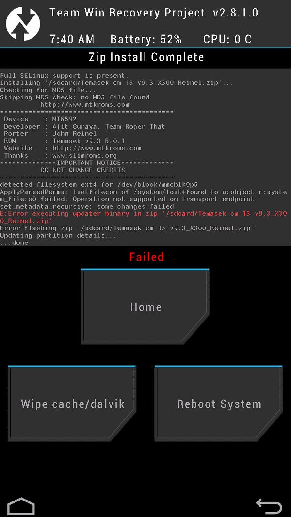 Error Executing Updater Binary In Zip screenshot