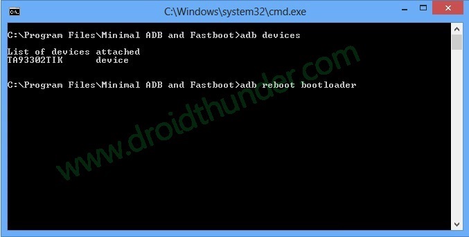 Install TWRP without ROOT and PC CMD window adb reboot bootloader code screenshot