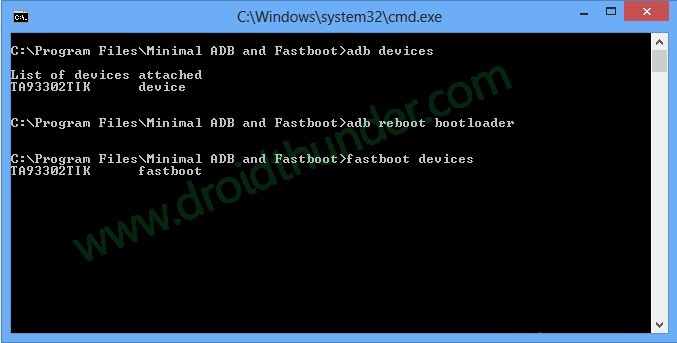 Install TWRP without ROOT and PC CMD window fastboot devices code screenshot