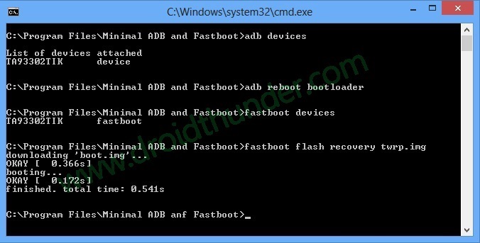 Install TWRP without ROOT and PC CMD window fastboot flash recovery img code screenshot