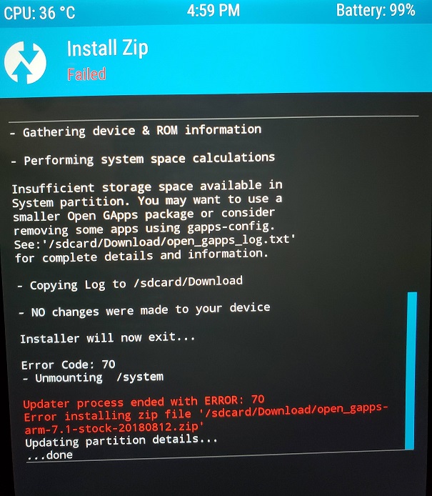TWRP ошибка. TWRP ошибка 70. Процесс Updater. The end Error.
