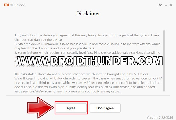 Unlock Bootloader of Poco X2 Mi Unlock Tool agree disclaimer screenshot