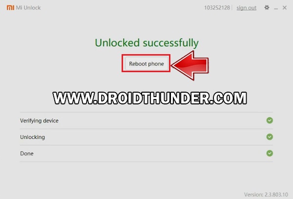 Unlock Bootloader on Poco X2 Mi Unlock Tool reboot phone screenshot
