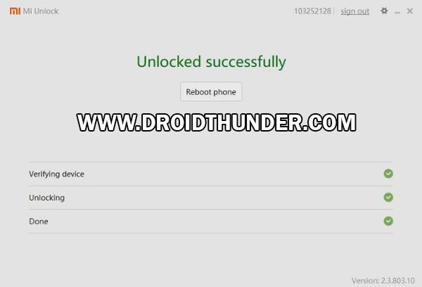 Unlock Bootloader on Poco X2 Mi Unlock Tool unlocked successfully screenshot