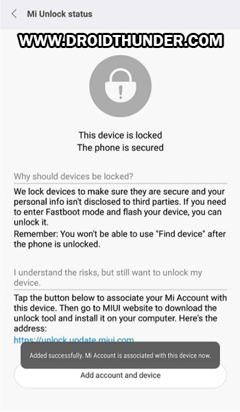 Unlock Bootloader of Poco X2 Mi unlock status account associated with device now screenshot