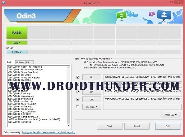 Odin Flash Tool Pass Message in Green Background