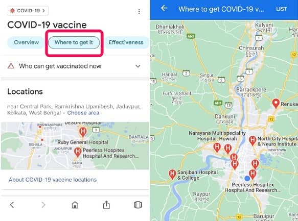 Google Maps shows COVID-19 Vaccine Locations nearby