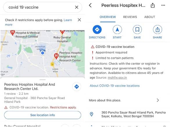 Google Search shows Vaccination Centers in India