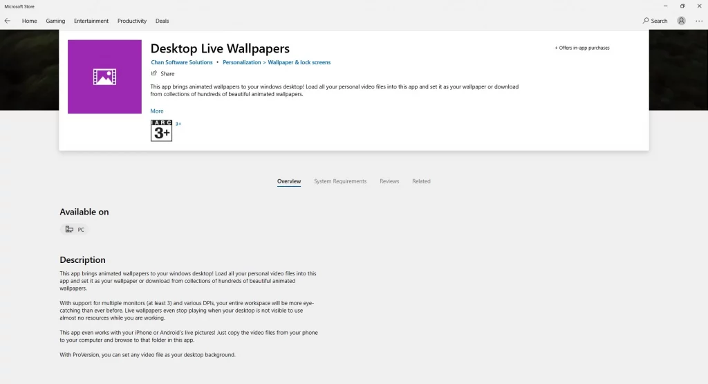 Desktop Live Wallpaper App in Microsoft Store