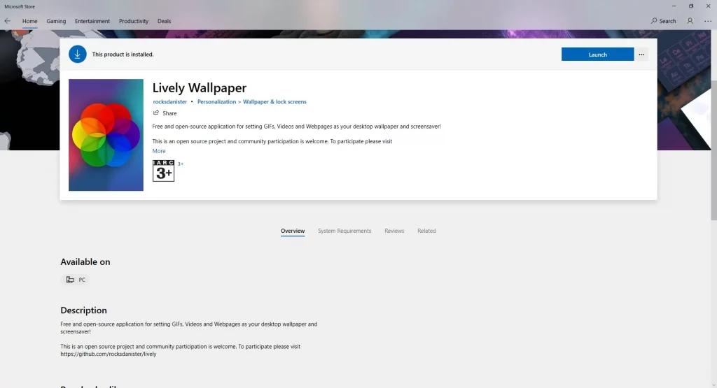 Lively Wallpaper App in Microsoft Store