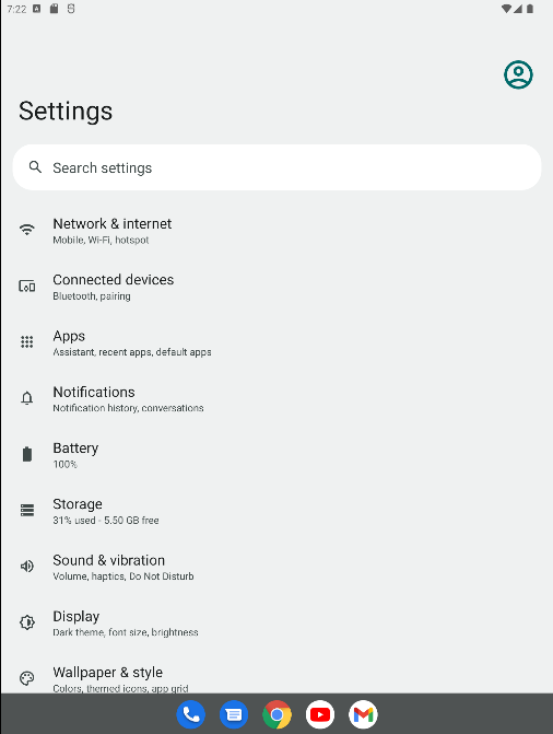 Android 12L Settings Page
