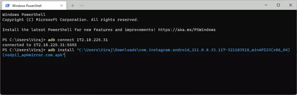 ADB install command to install Android Apps on Windows 11