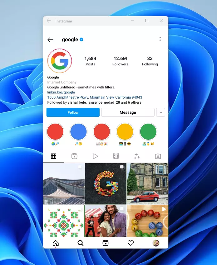 Instagram android app running on Windows 11