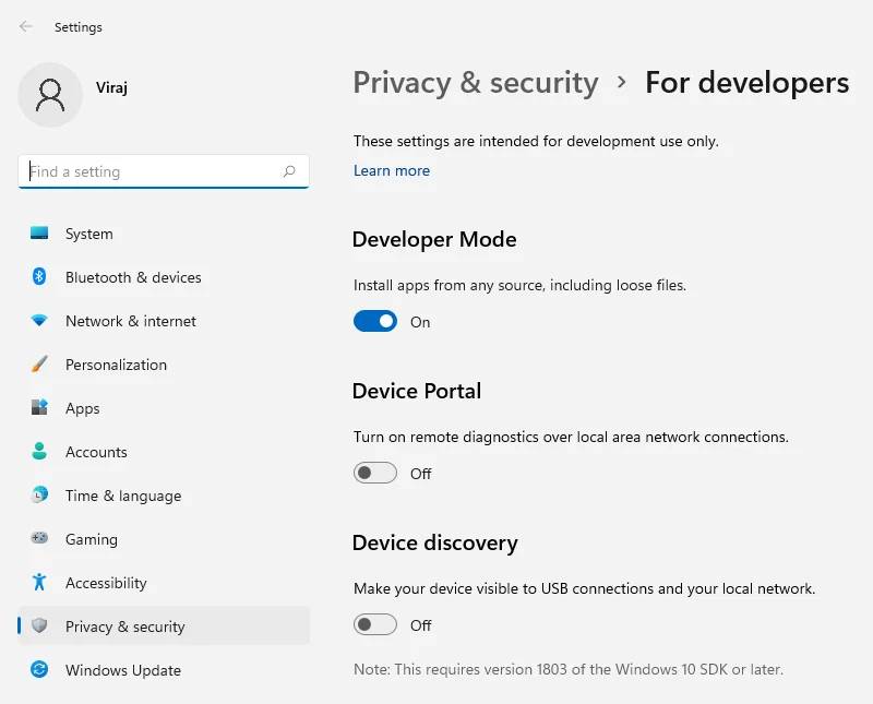 Windows 11 Developer Mode Setting