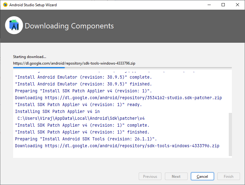 Android Studio downloading necessary components to use Android 12L on Windows