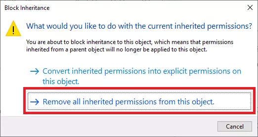 Inheritance permission removal popup