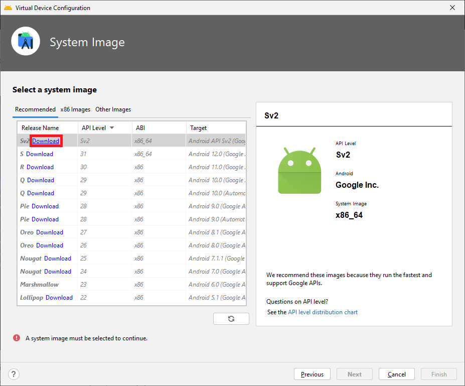 Android Studio System Image selection