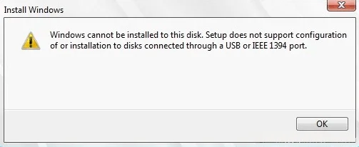Windows Cannot be installed on External Disk/SSD Error Message
