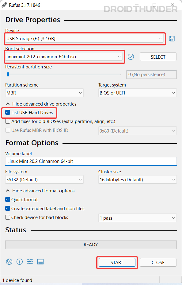 Rufus utility settings to flash Linux Mint Cinnemon