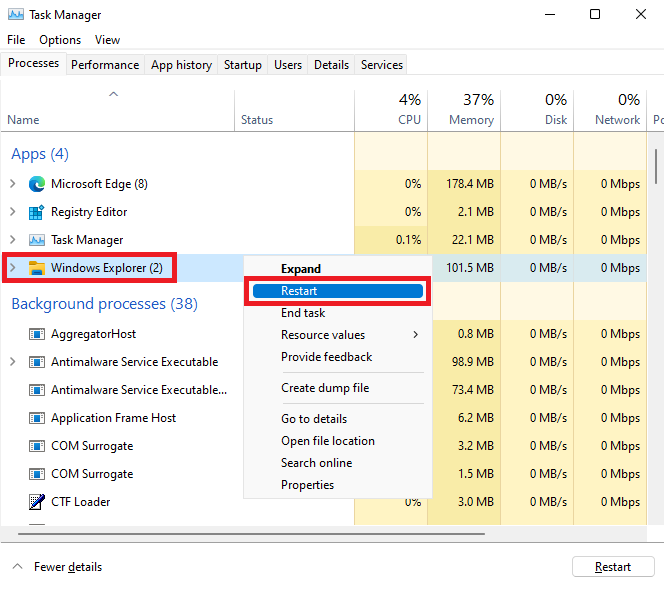 Restarting Windows Explorer from Task Manager