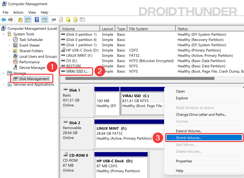Windows 11 Computer Disk Management Tool used for Shrinking volume