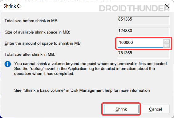 Shrinking 100 GB disk space to create unallocated space for Chrome OS