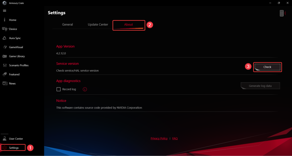 Armoury Crate interface settings page