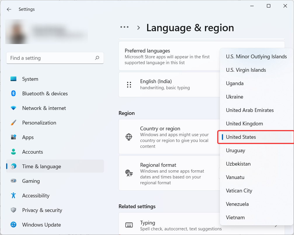 Change Language to US from Settings App