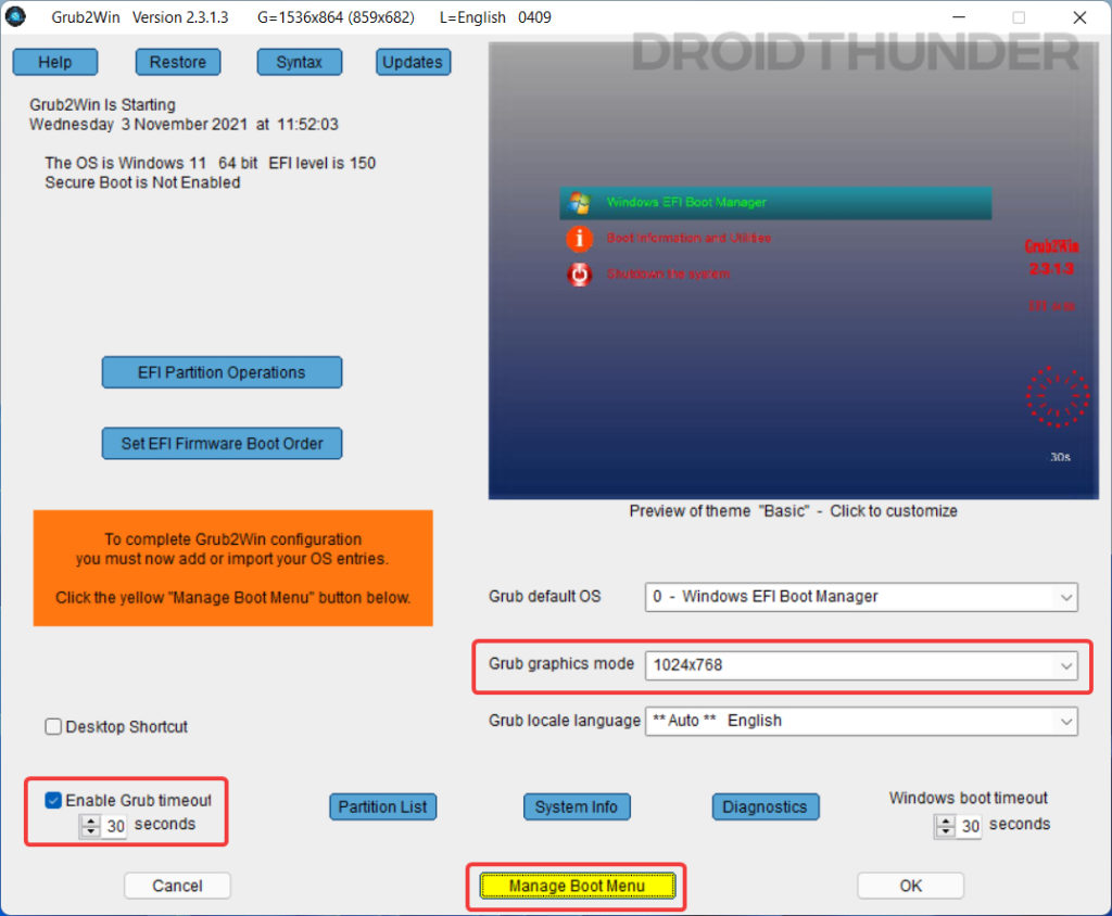 Grub2Win Main UI to change boot resolution and timeout