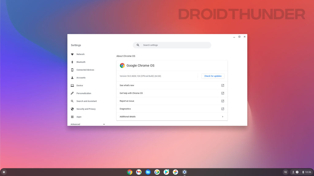 Chrome OS Build version and update page