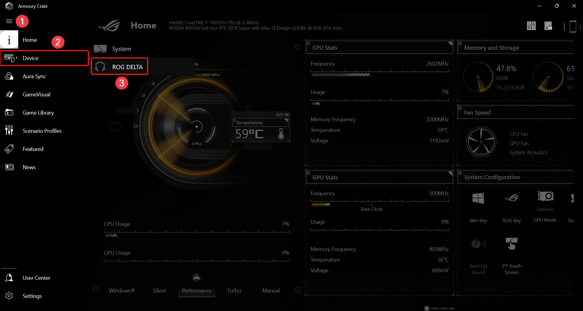 ASUS Armoury Crate ROG DELTA Settings
