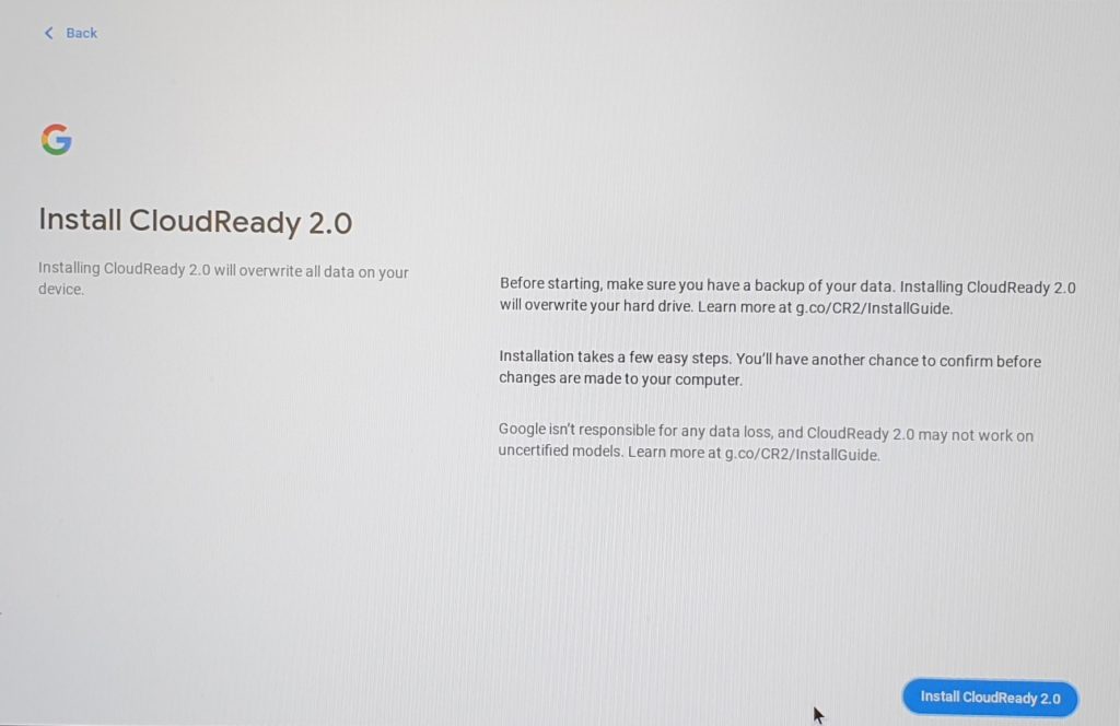 Install CloudReady 2.0 Final Installation Screen