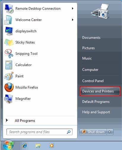 Windows 7 Start Menu Devices and Printers