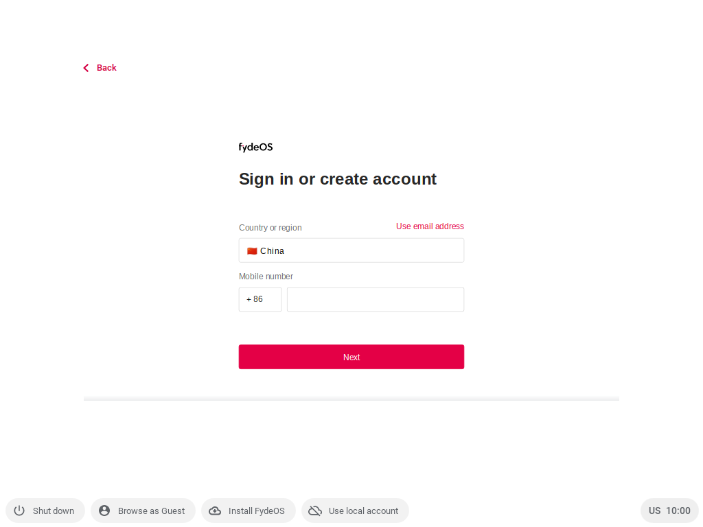 Mobile or Email signup screen in FydeOS