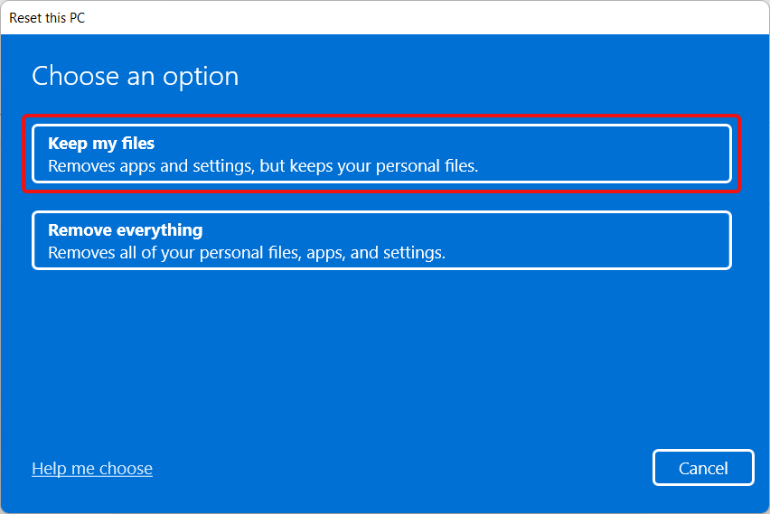 Keepy my Files option while Resetting Windows 11 PC