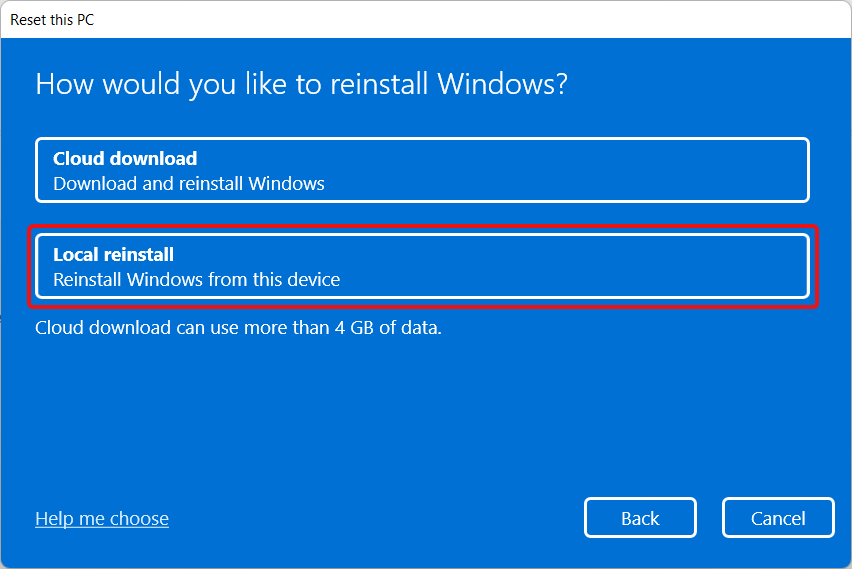 Local Reinstall option selected