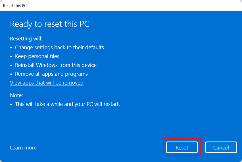 Final step to reset Windows 11 PC