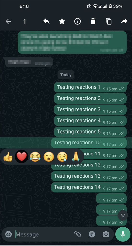 WhatsApp message reactions - 6 emojis