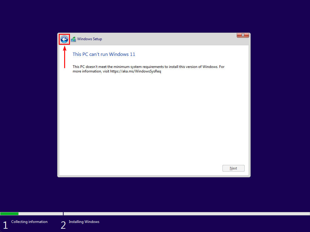 Go to previous Windows 11 installation screen