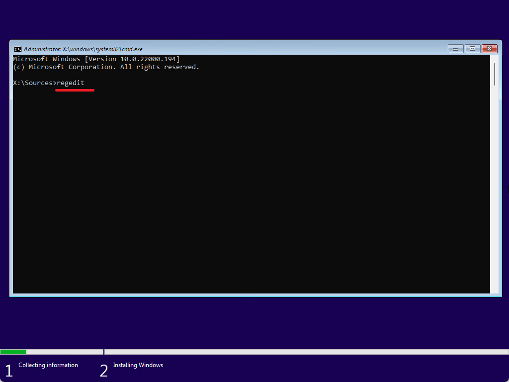 type regedit to open Windows Registry during Windows 11 Installation in VM