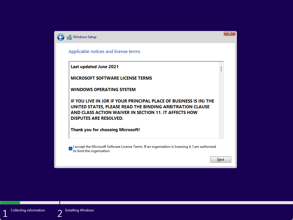 Accept Windows 11 agreement during Virtual Machine installation