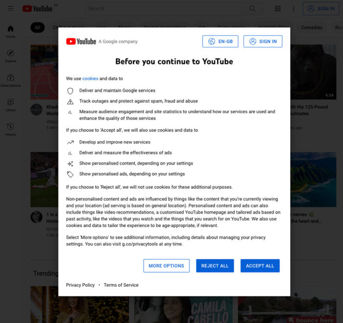 Google cookie consent popup in Europe