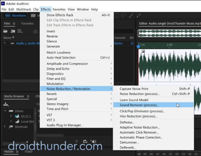 Adobe Audition Workspace Sound Remover option