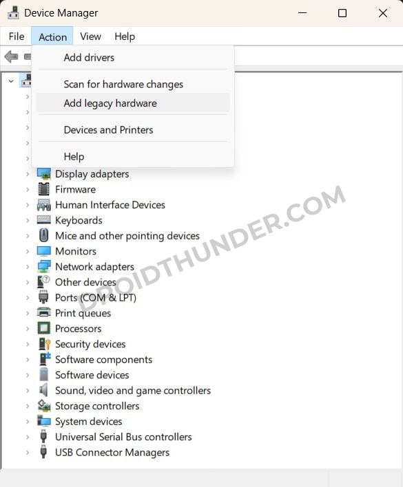 Add legacy hardware option in Actions tab of Device Manager